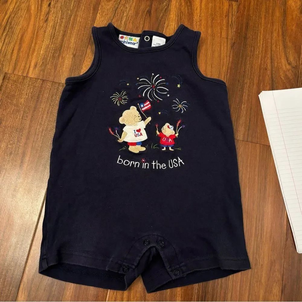 Miniwear vintage navy 4th of July Born in the USA embroidered sleeveless romper